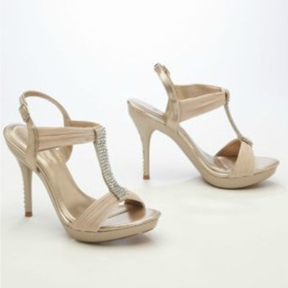 Michaelangelo Champagne Satin T-Strap High Heel Sandals with Rhinestones